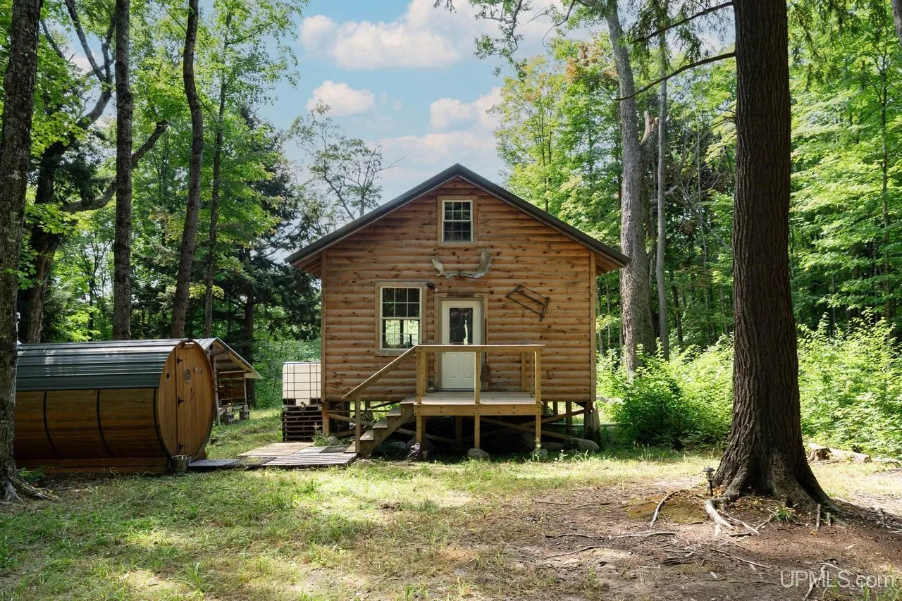 The cabin from the yard, barrel sauna at the edge of the trees