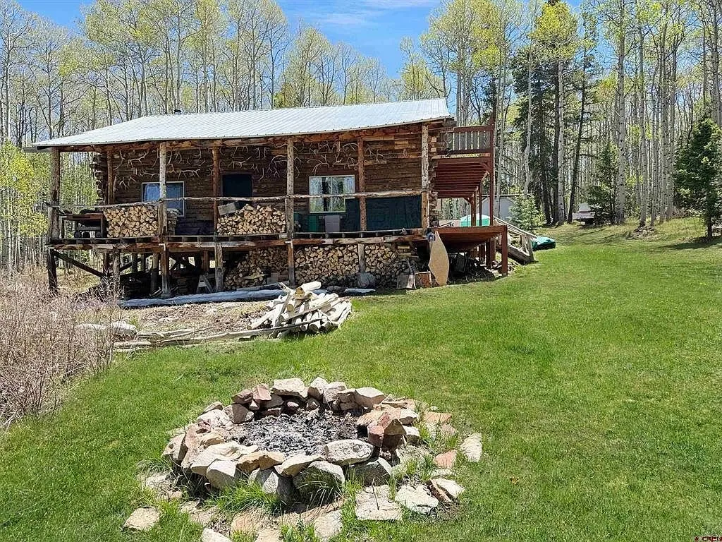 The cabin across the clearing with the fire ring in the grass