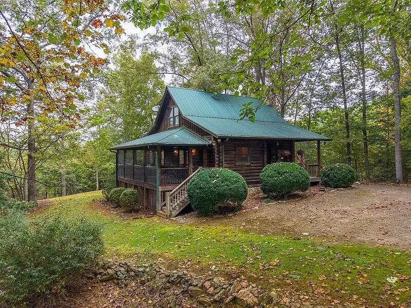 The cabin from the front yard with its metal roof and stone chimney