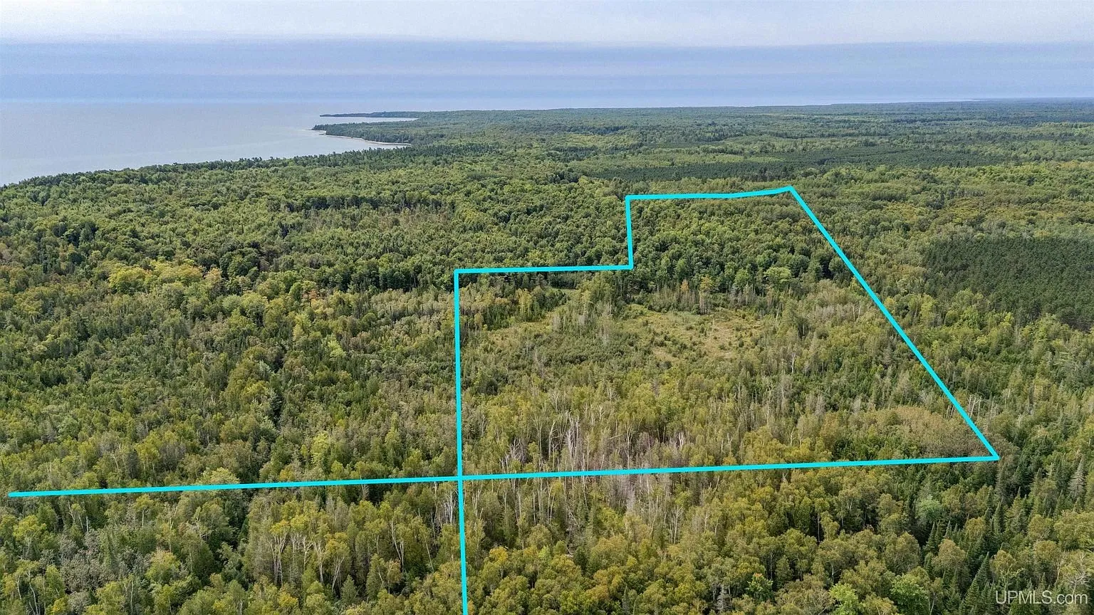 The 60-acre parcel outlined from the air from the west with the lake beyond