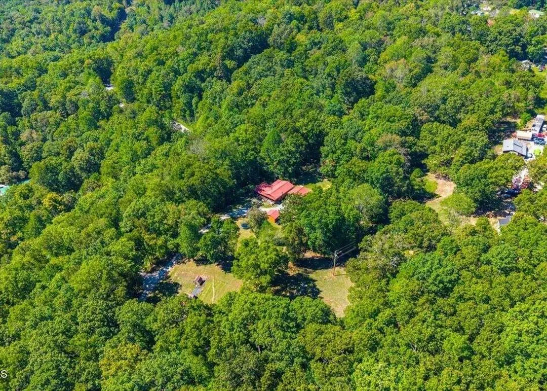 Aerial view of the property and its outbuildings among the trees