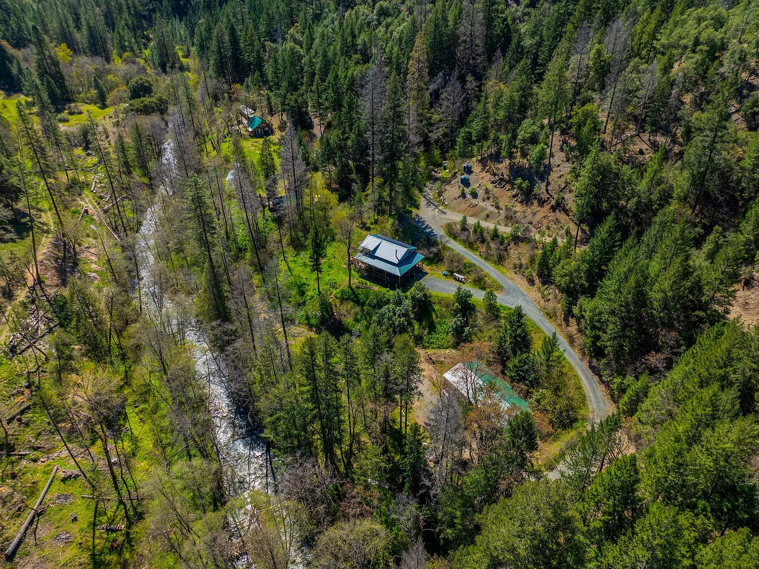 An aerial view of the property's winding driveway through dense forest
