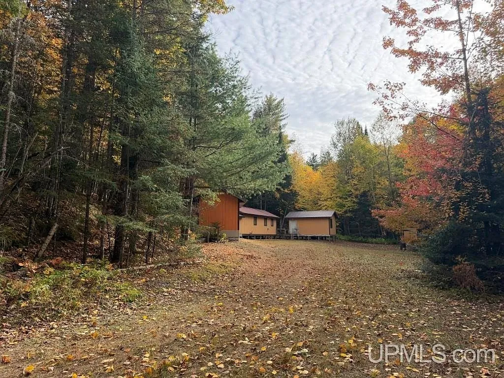 The cabin and bunkhouse from a different angle across the leaf-covered clearing