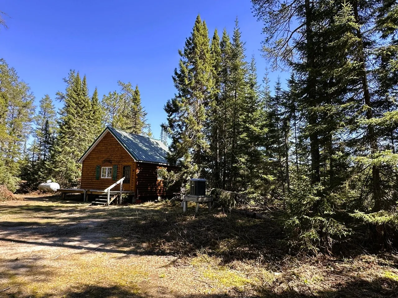 The cabin from the two-track through the trees