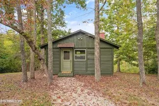 The same cabin in daylight, surrounded by fallen leaves and tall trees