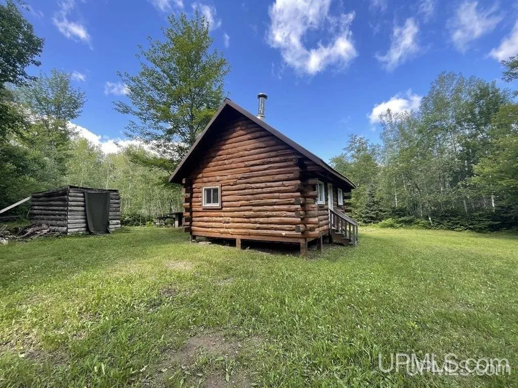 The cabin from the side with the outbuilding behind it