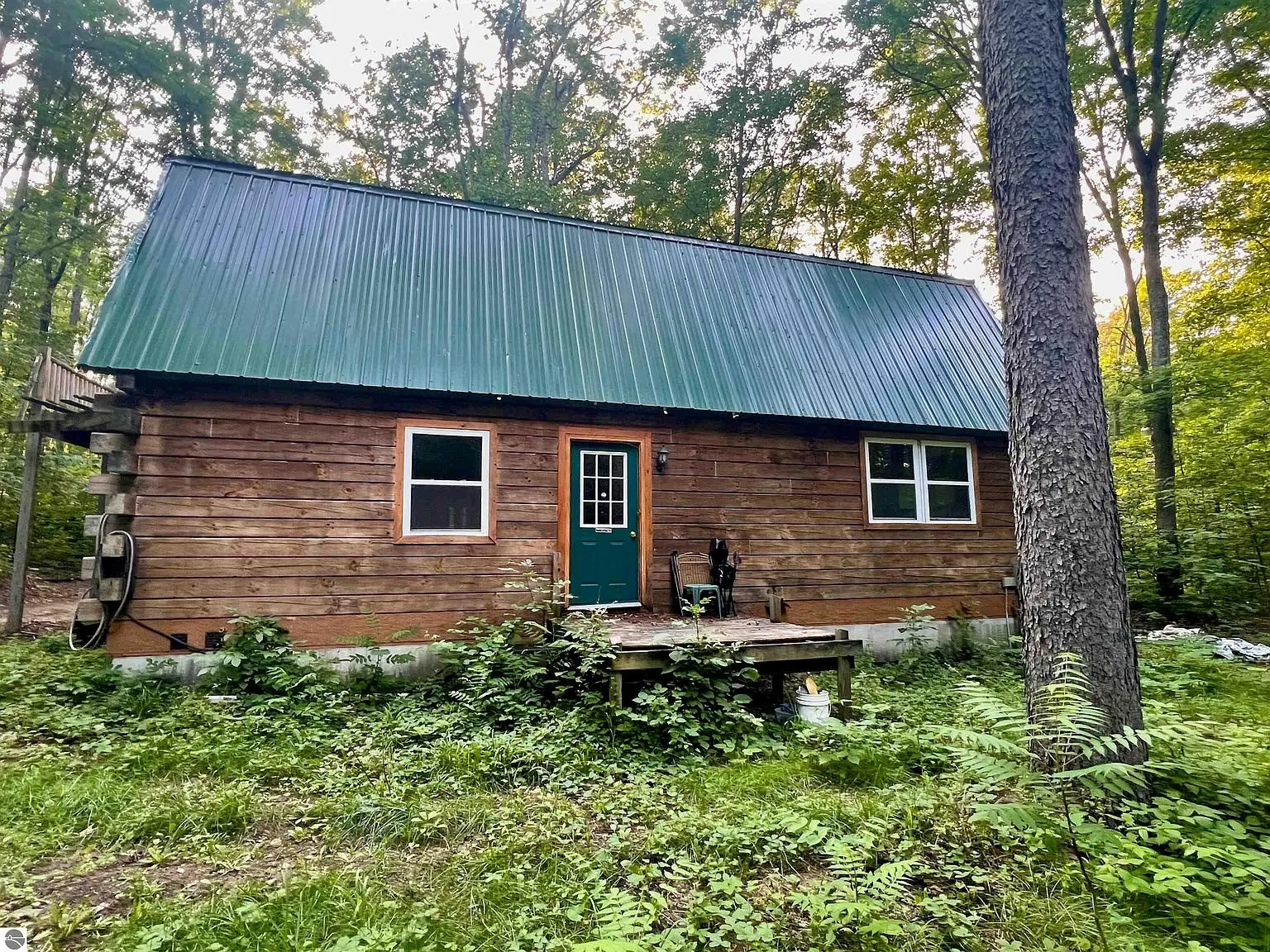 The back of the cabin with the green door and the metal roof