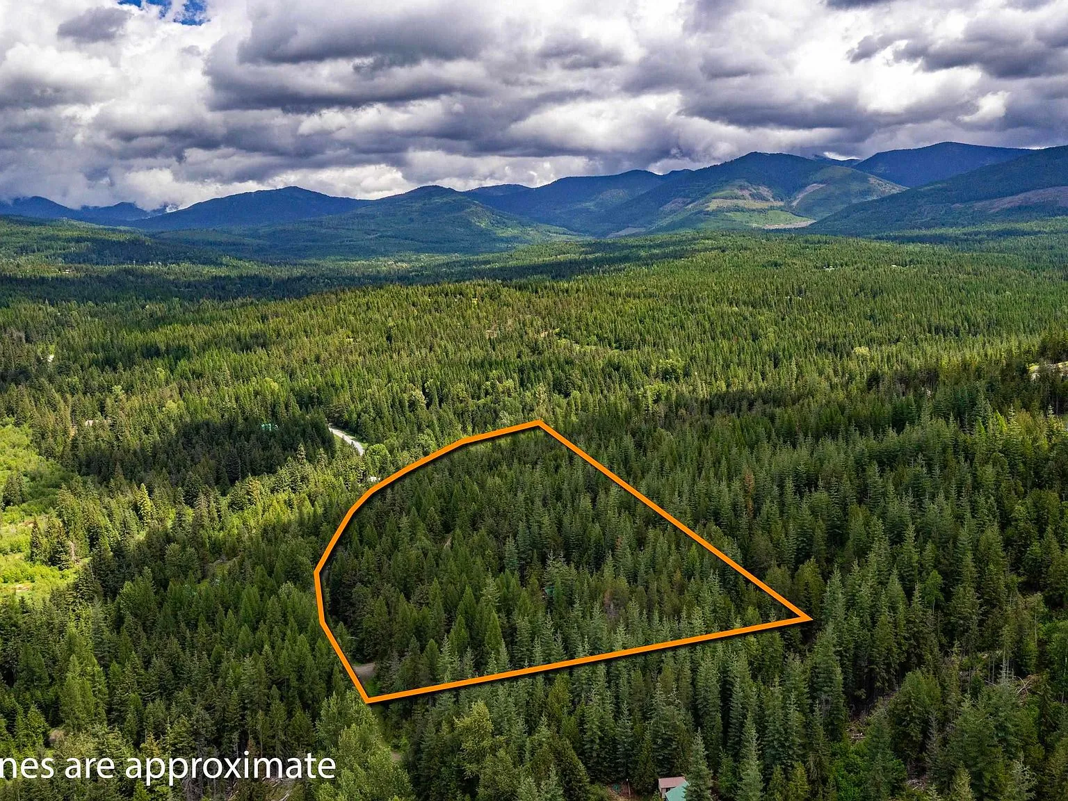 An aerial view of the cabin's clearing surrounded by dense forest, with the lot boundary outlined