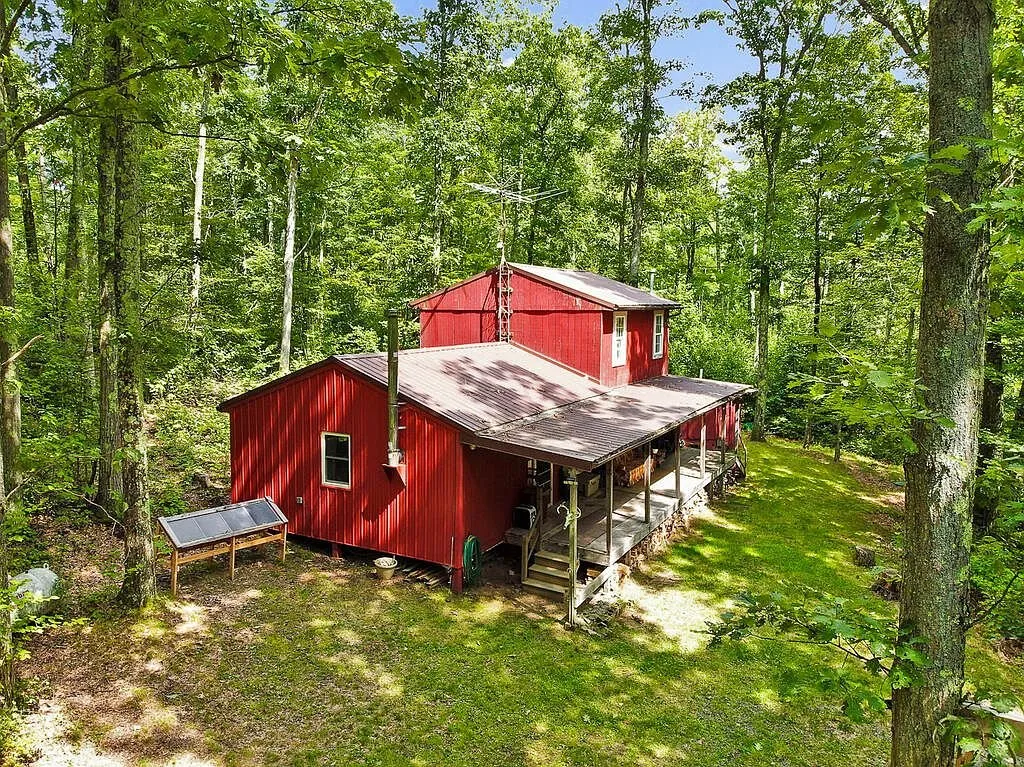 Aerial of the cabin from above the treetops with the shed roof beside it