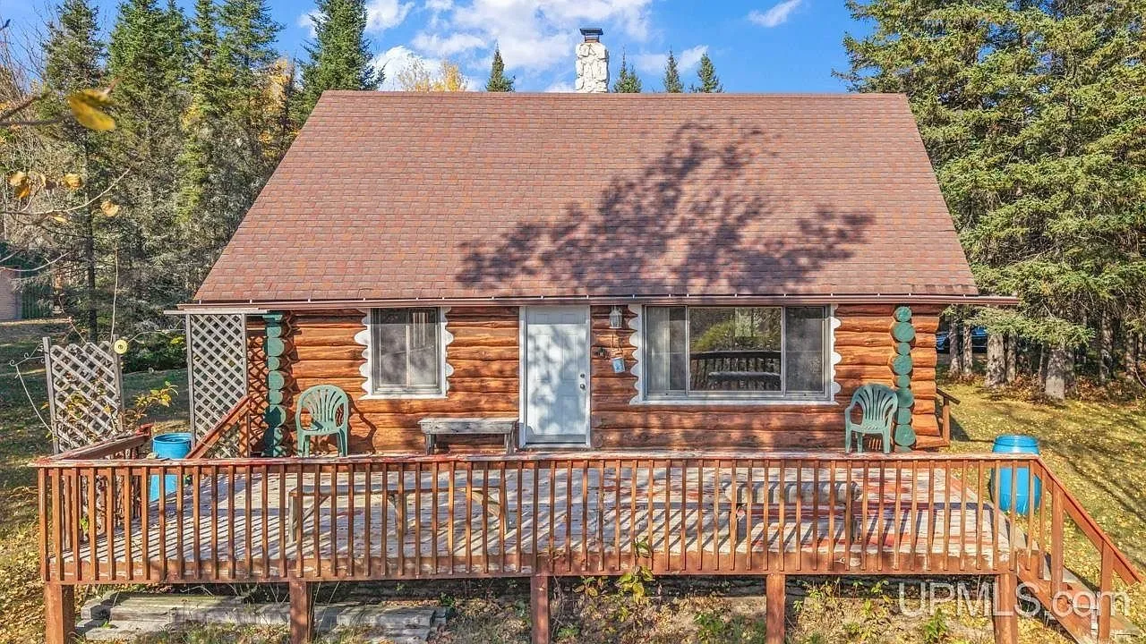 An aerial view of the cabin's roofline among the surrounding trees