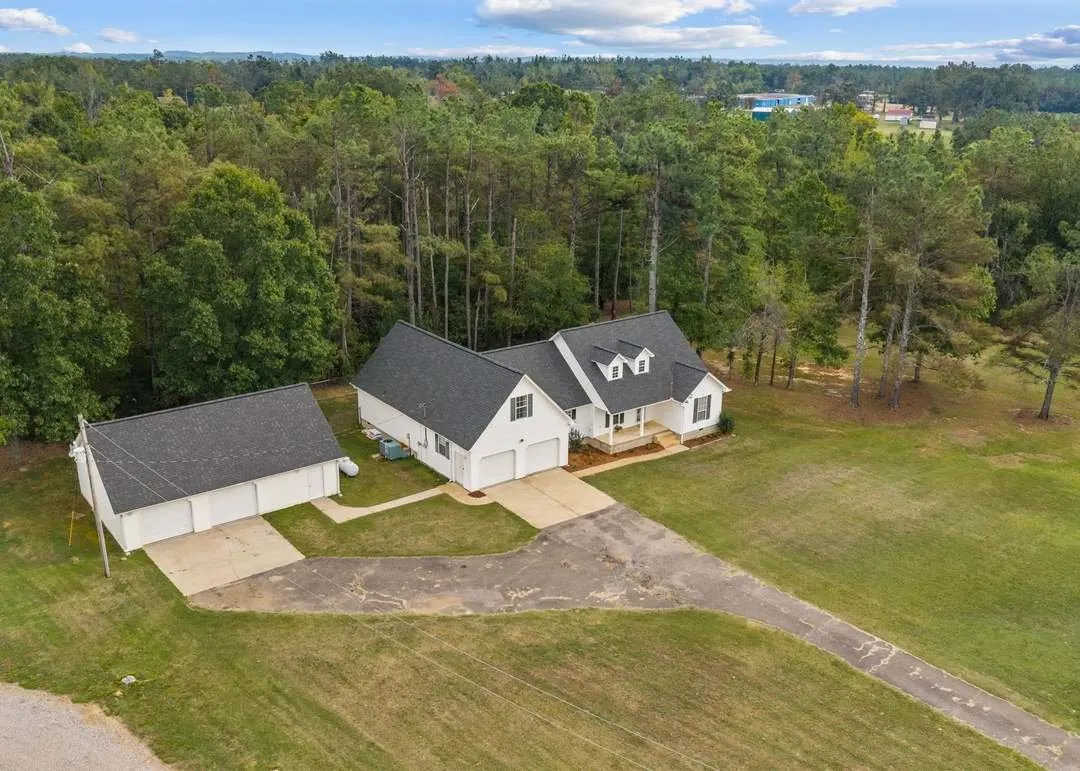 Aerial view of the home, detached garage and surrounding pine woods