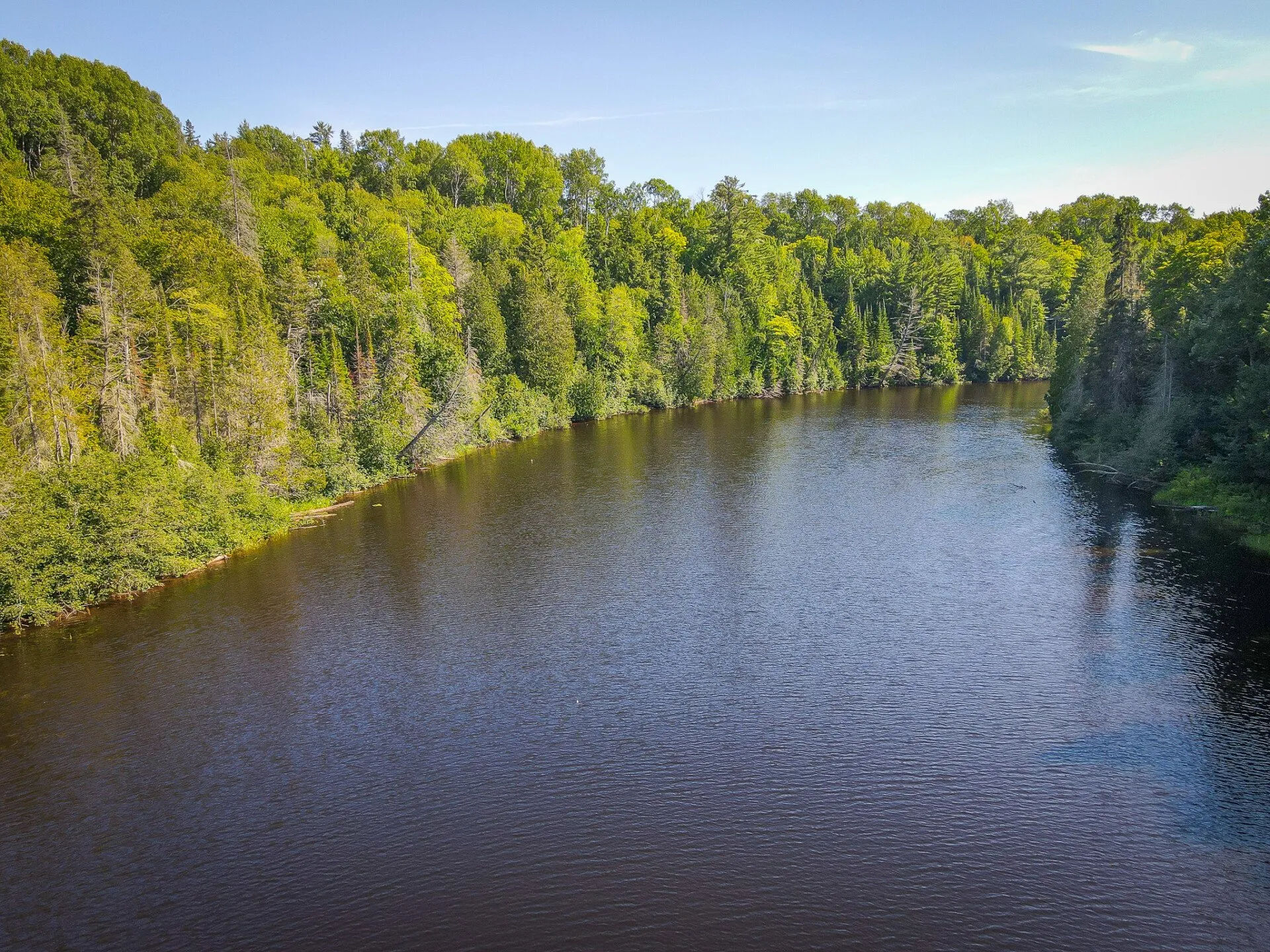 Aerial looking down the river between walls of spruce and pine