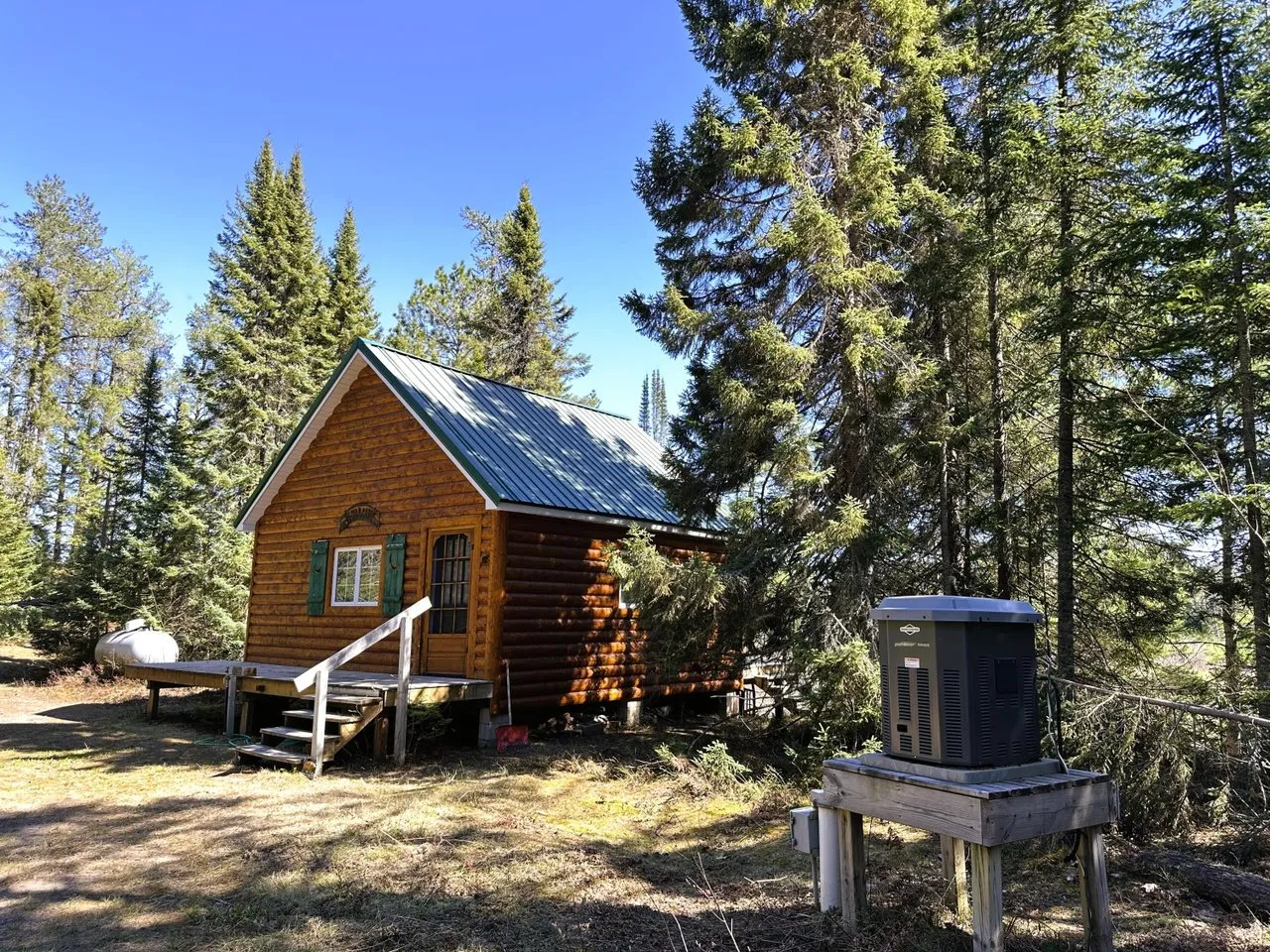 The cabin with the propane generator standing beside it