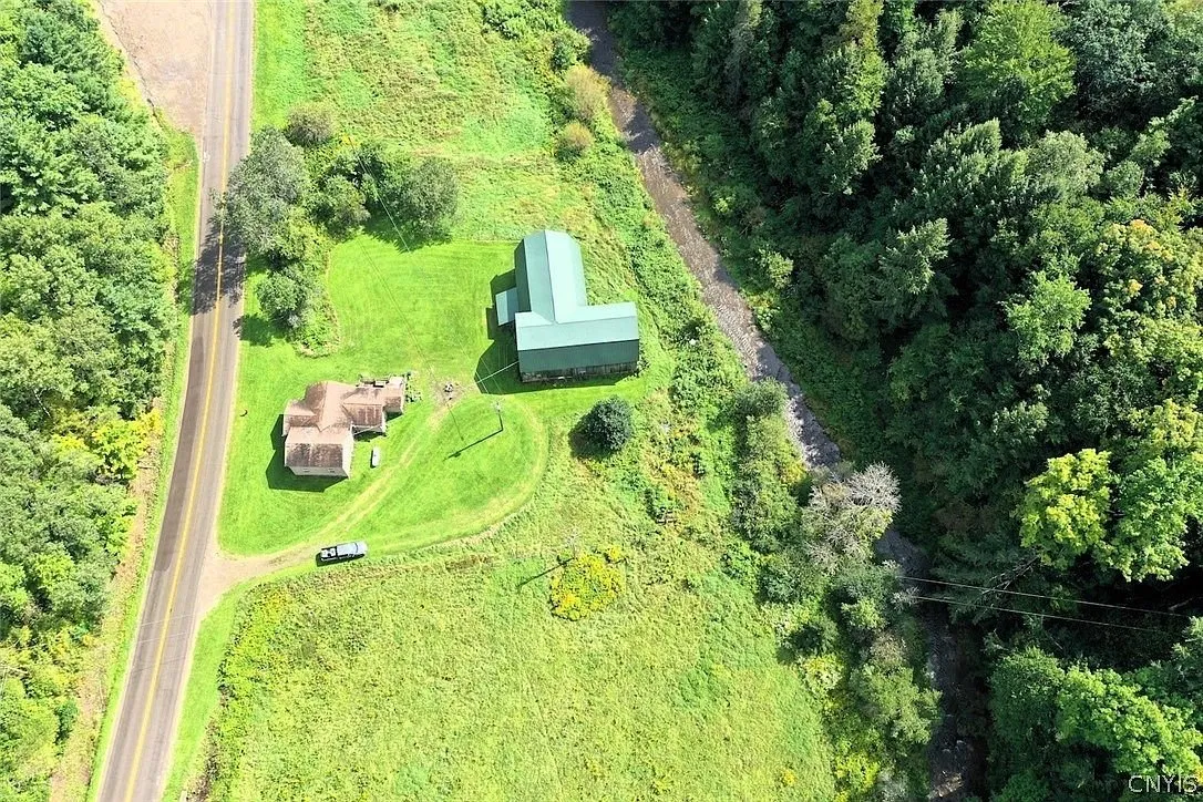 The house, the barn, the road and the creek from directly above