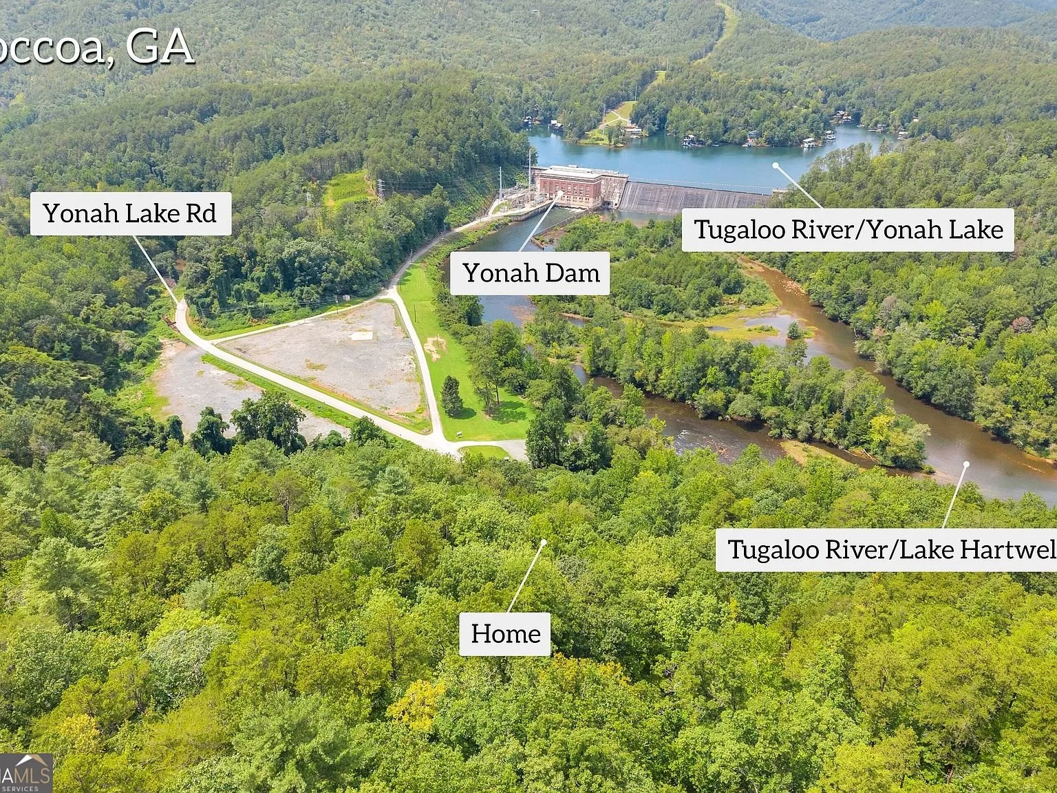 Aerial map overlay showing the property's position between the Tugaloo River, Lake Hartwell and Yonah Lake Rd