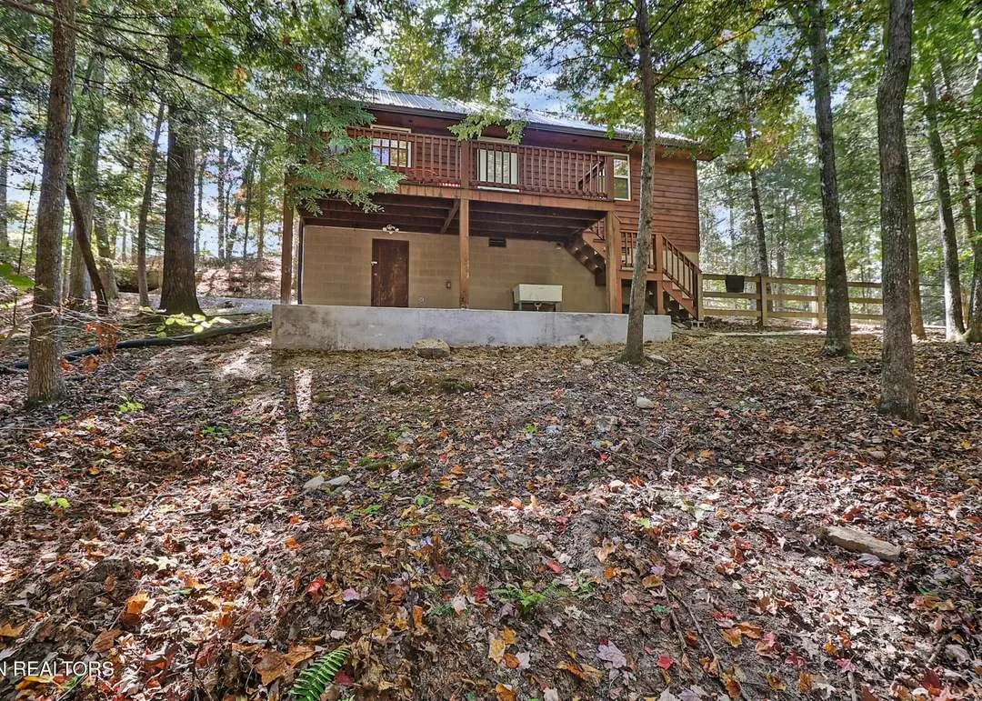 A lower-level view of the cabin's foundation and the wooded slope behind it