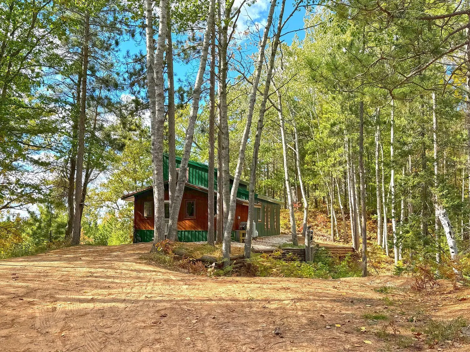 The cabin seen through birch trunks from the clearing