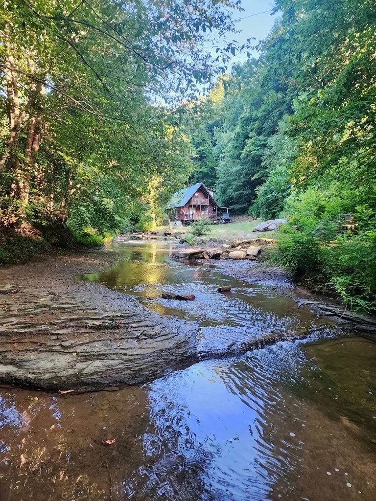 The creek in the foreground with the cabin's lit windows through the trees