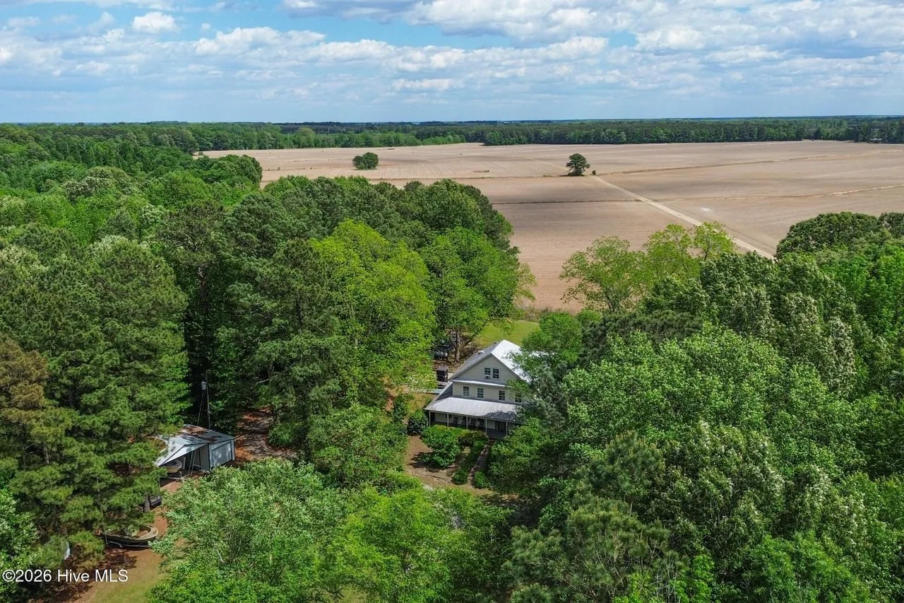Aerial of the house in its stand of trees, farm fields on every side