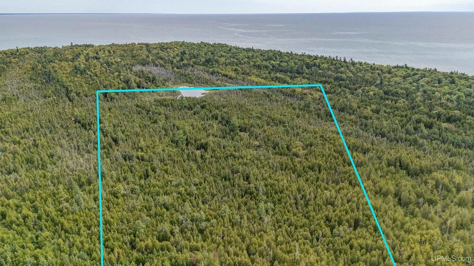 The pond parcel outlined from the air with the lake on the horizon