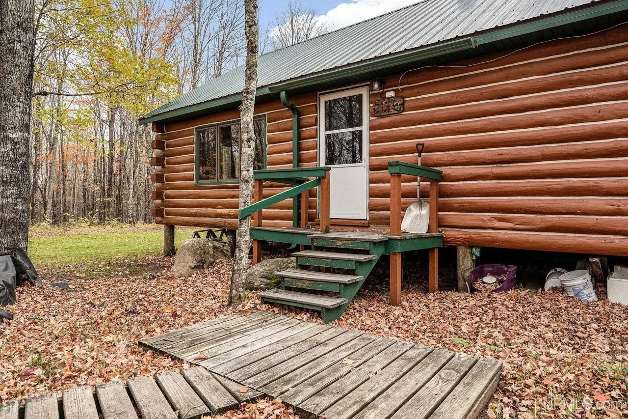 The side entry with wooden steps and a plank walkway along the log wall