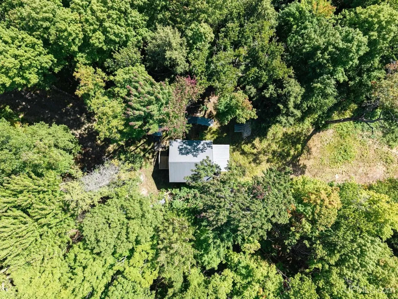 Aerial straight down on the cabin and its clearing in the timber