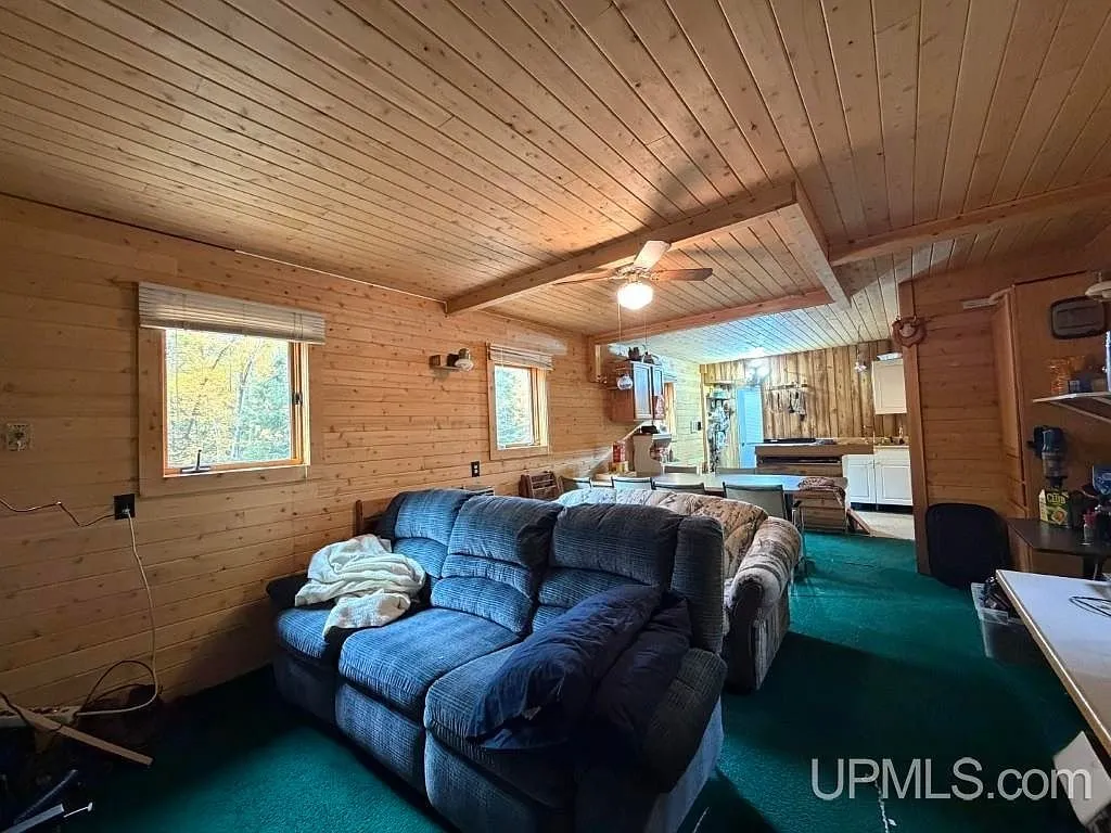 The living area with reclining chairs and carpeted floor