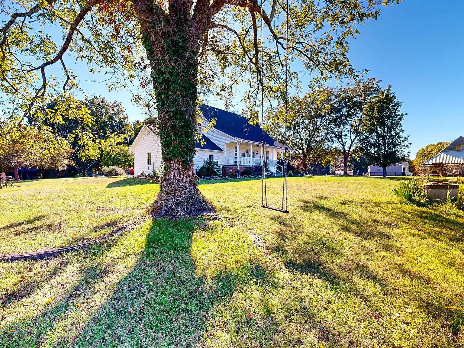 A large shade tree and tire swing in the side yard with the house in the background