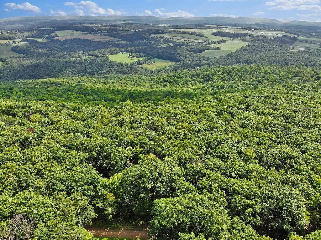 The view from above the ridge across the valley farms