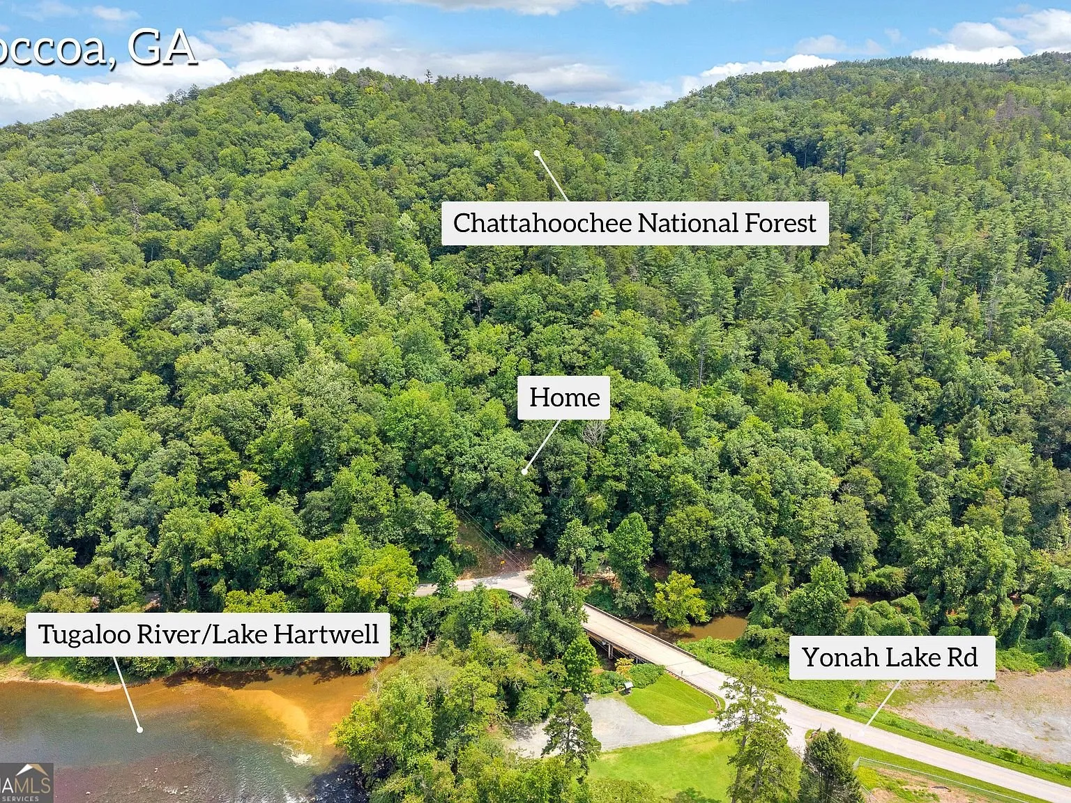 Aerial map overlay showing the home's position within the Chattahoochee National Forest boundary