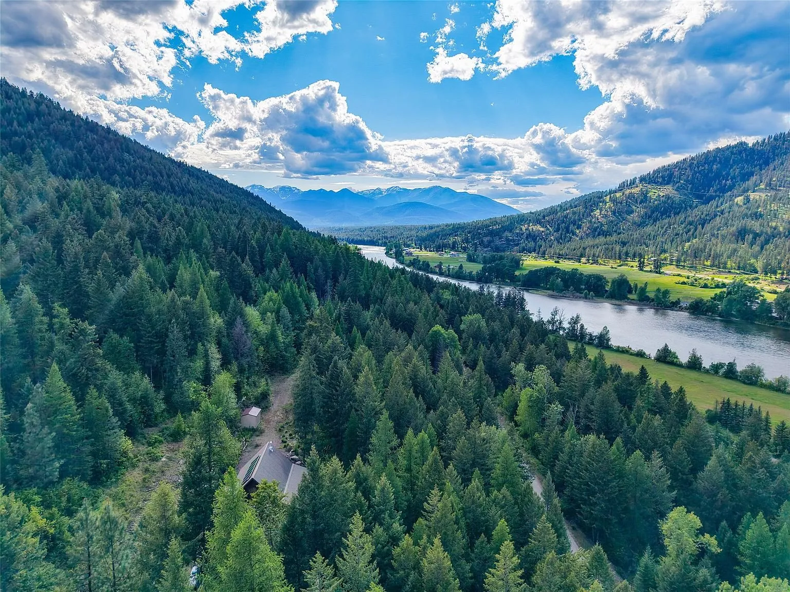 An aerial view of the Kootenai River valley near the property
