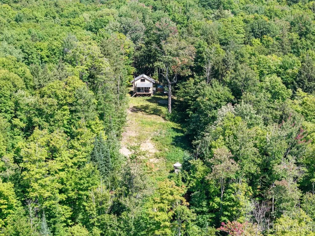 Aerial of the cabin from above with the two-track running in