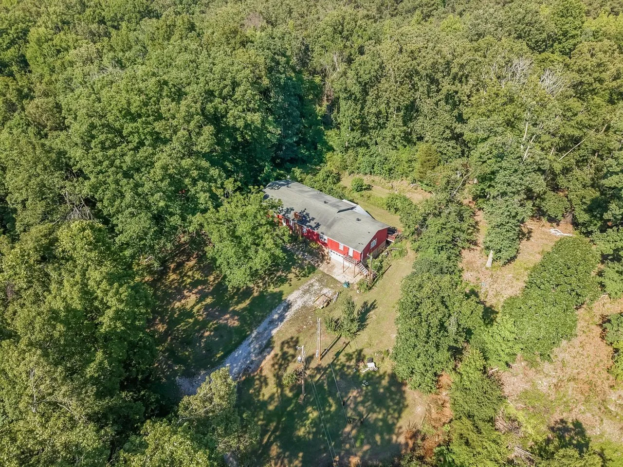 Aerial straight down on the roof, the house almost hidden in the tree canopy