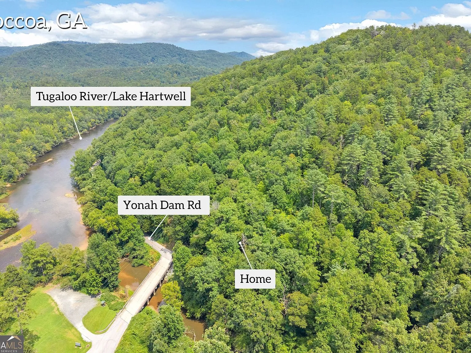 Aerial map overlay labeling the Tugaloo River, Yonah Dam Rd and the home site