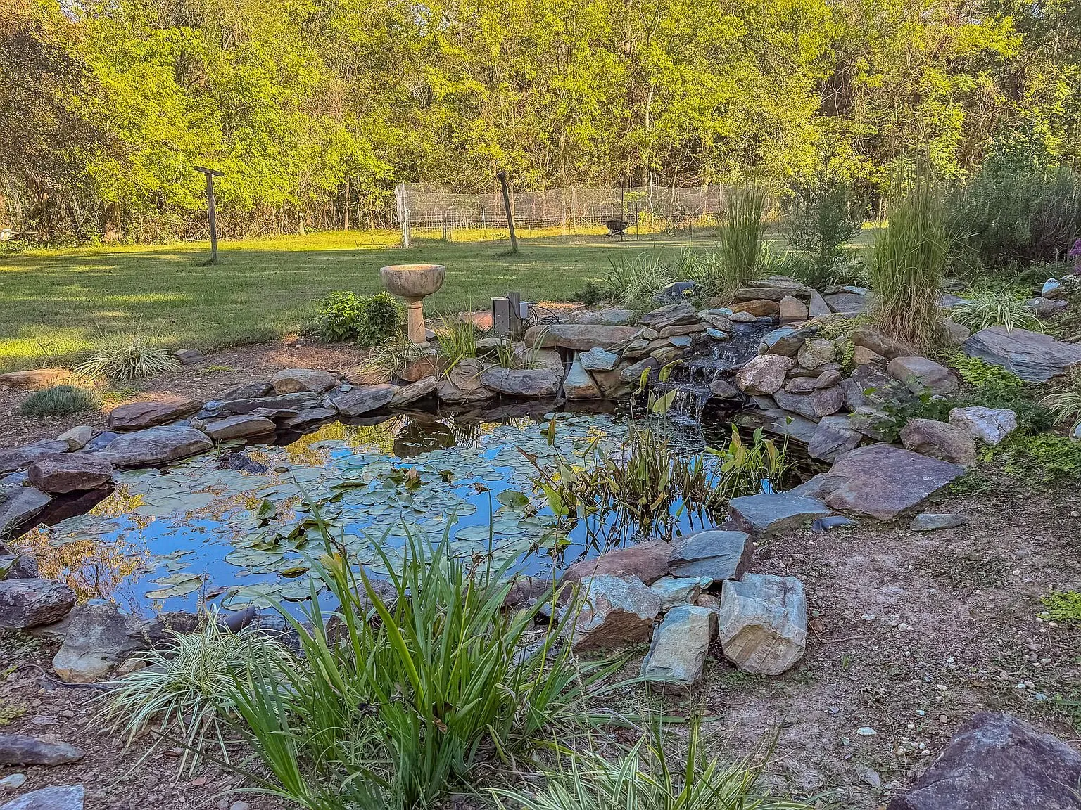 A small landscaped pond with a rock waterfall feature in the yard