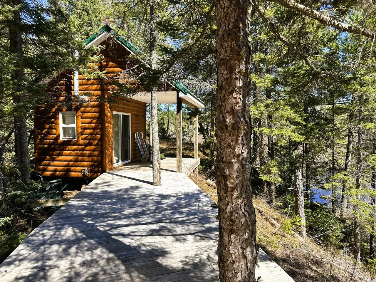 The plank walkway running along the side of the cabin