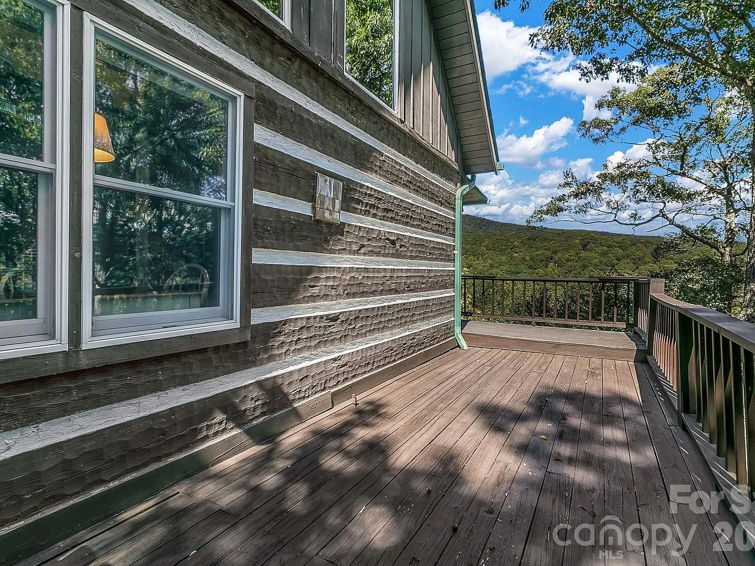 A wraparound deck along the side of the cabin