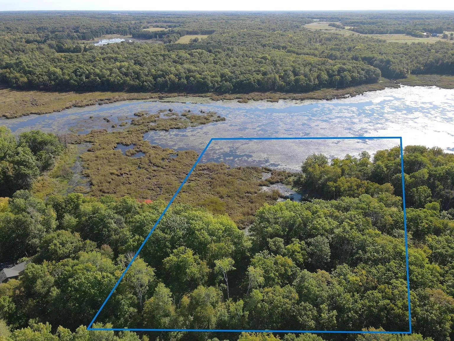 The parcel outlined from the air with the marsh and the open water beyond