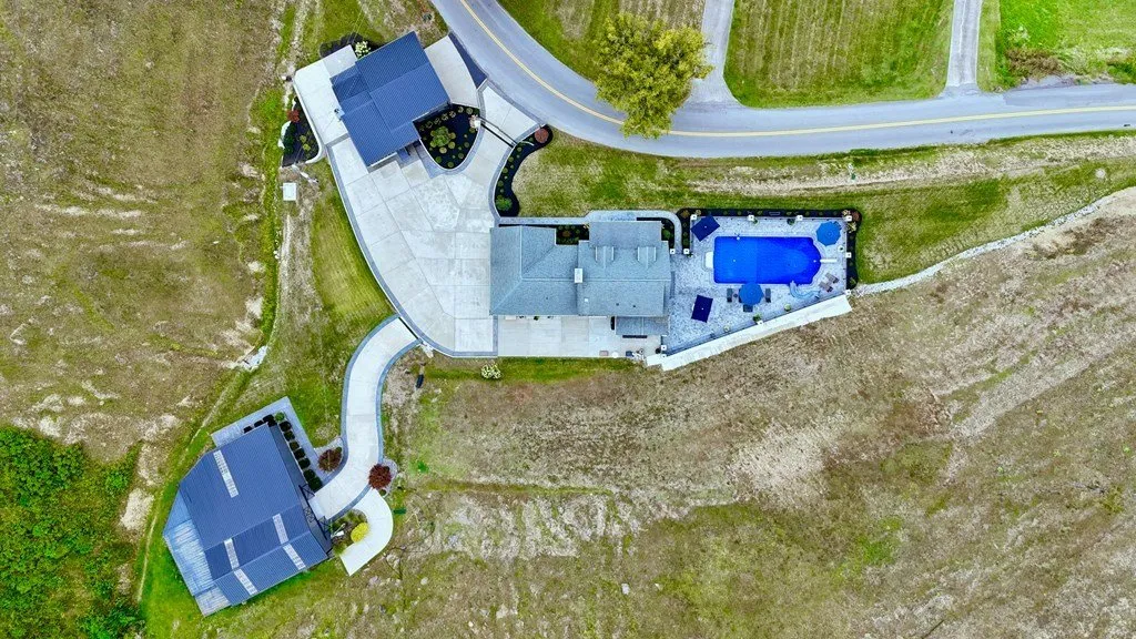 Aerial straight down on the pool courtyard and its hardscape