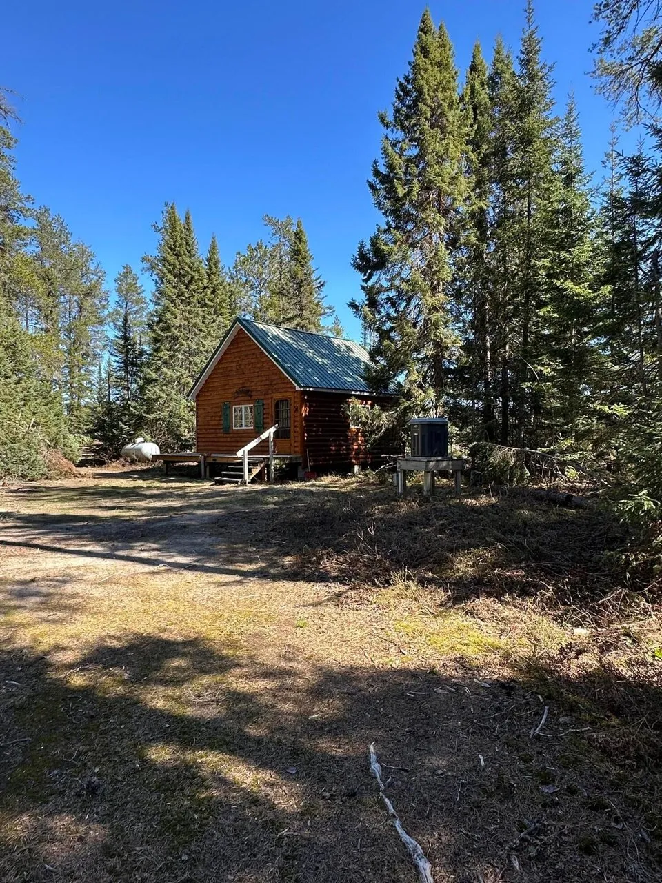 The cabin from the trees with the river beyond