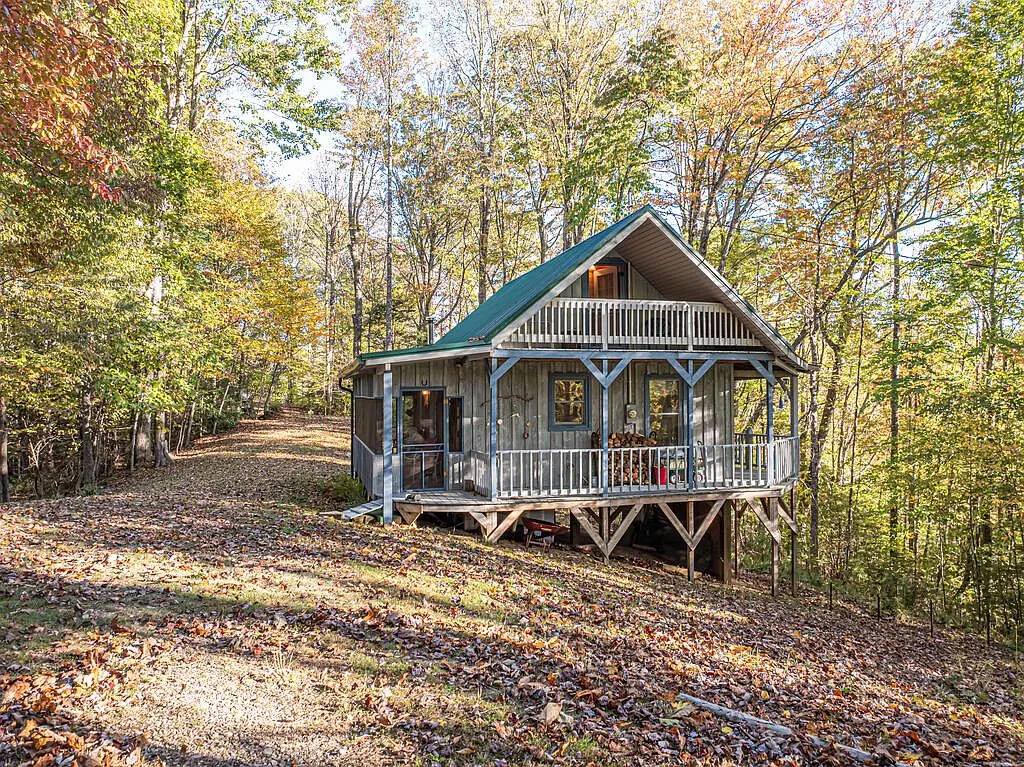 The cabin framed by the gravel driveway through the fall foliage