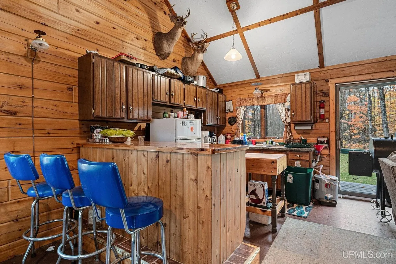 The kitchen bar with blue stools and mounted deer above the cabinets