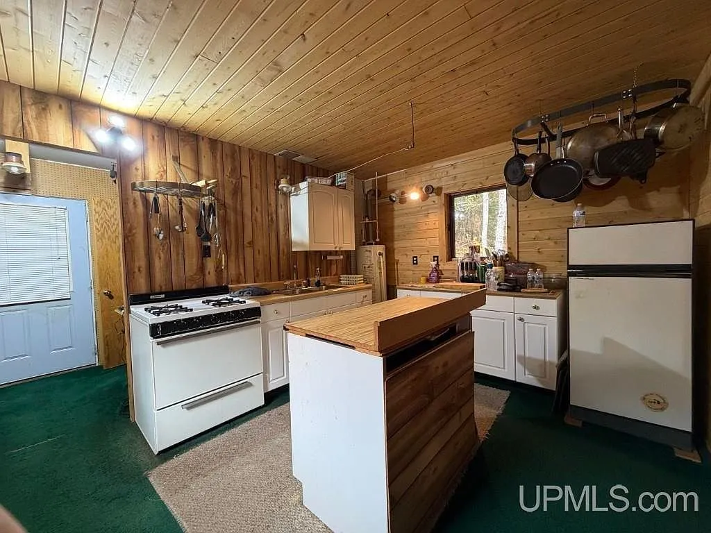 The kitchen counter and cabinets along the cedar wall