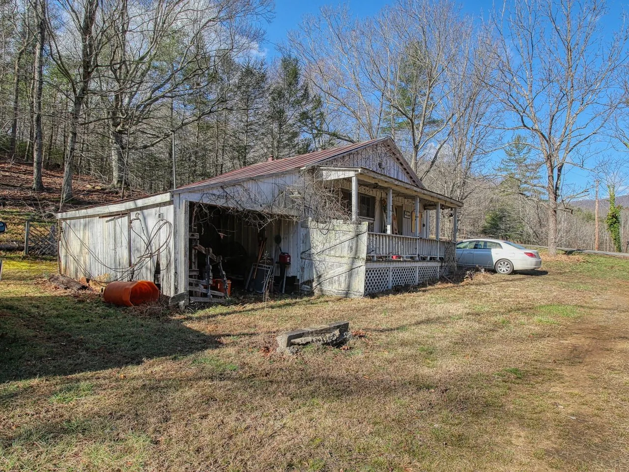 A weathered board shed with a metal roof at the edge of the woods