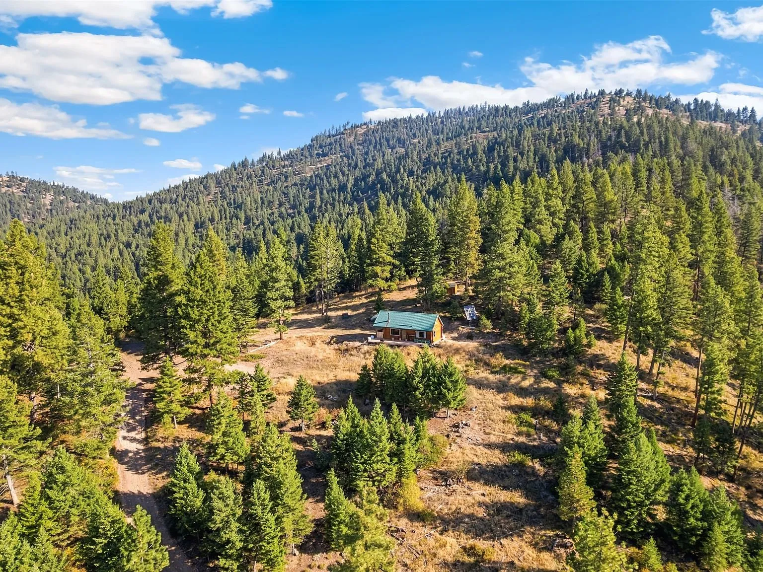 An aerial view of the cabin's clearing set into the wooded hillside