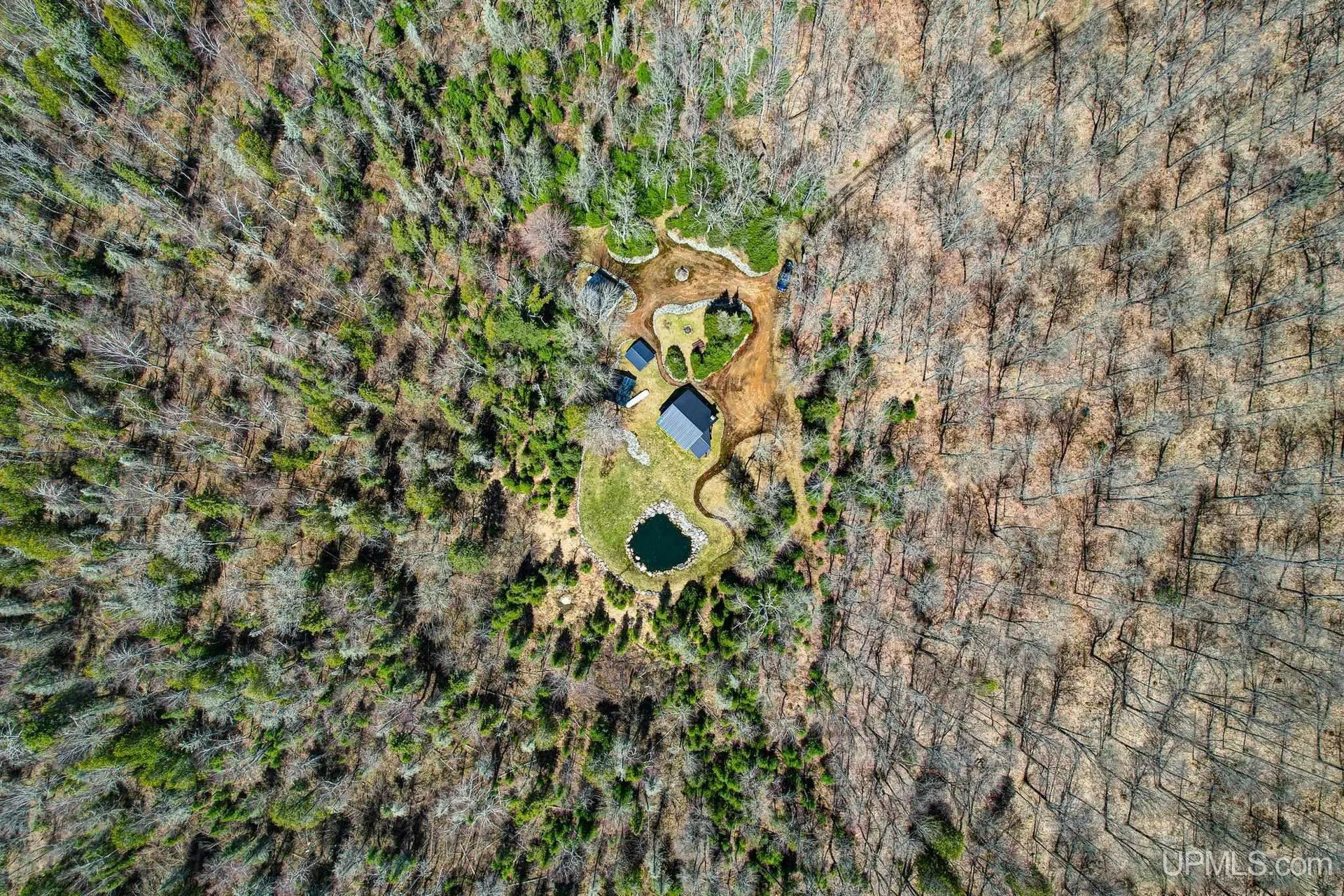 Aerial of the pond and clearing as a small opening in the woods