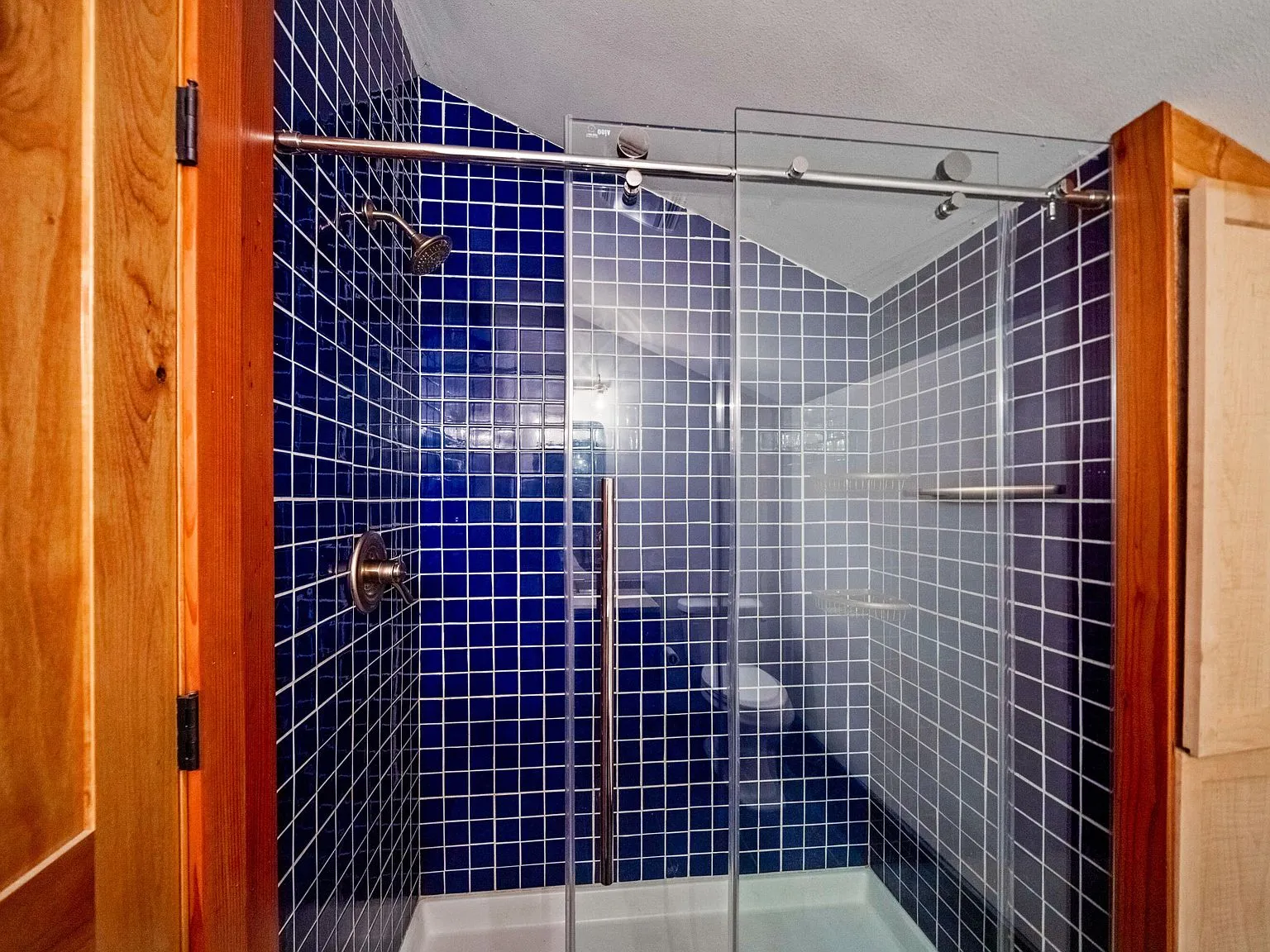 A bathroom with a cobalt blue tiled walk-in shower and glass door