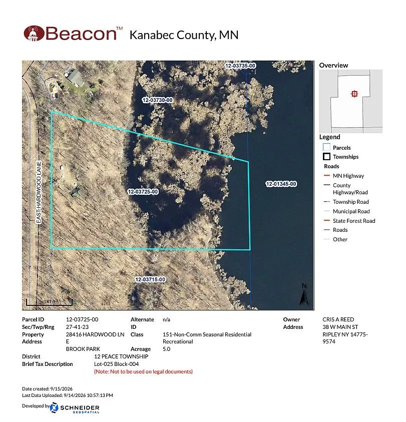 The county parcel map with the lot outlined and the parcel record beneath it