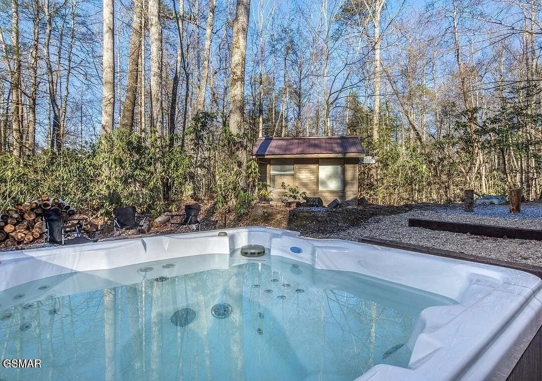The pool in a clearing with the woods behind it