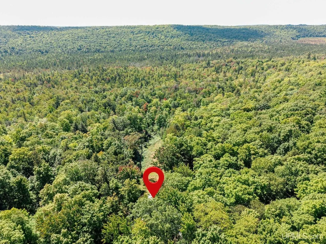 Aerial with the property marked, forest on every side